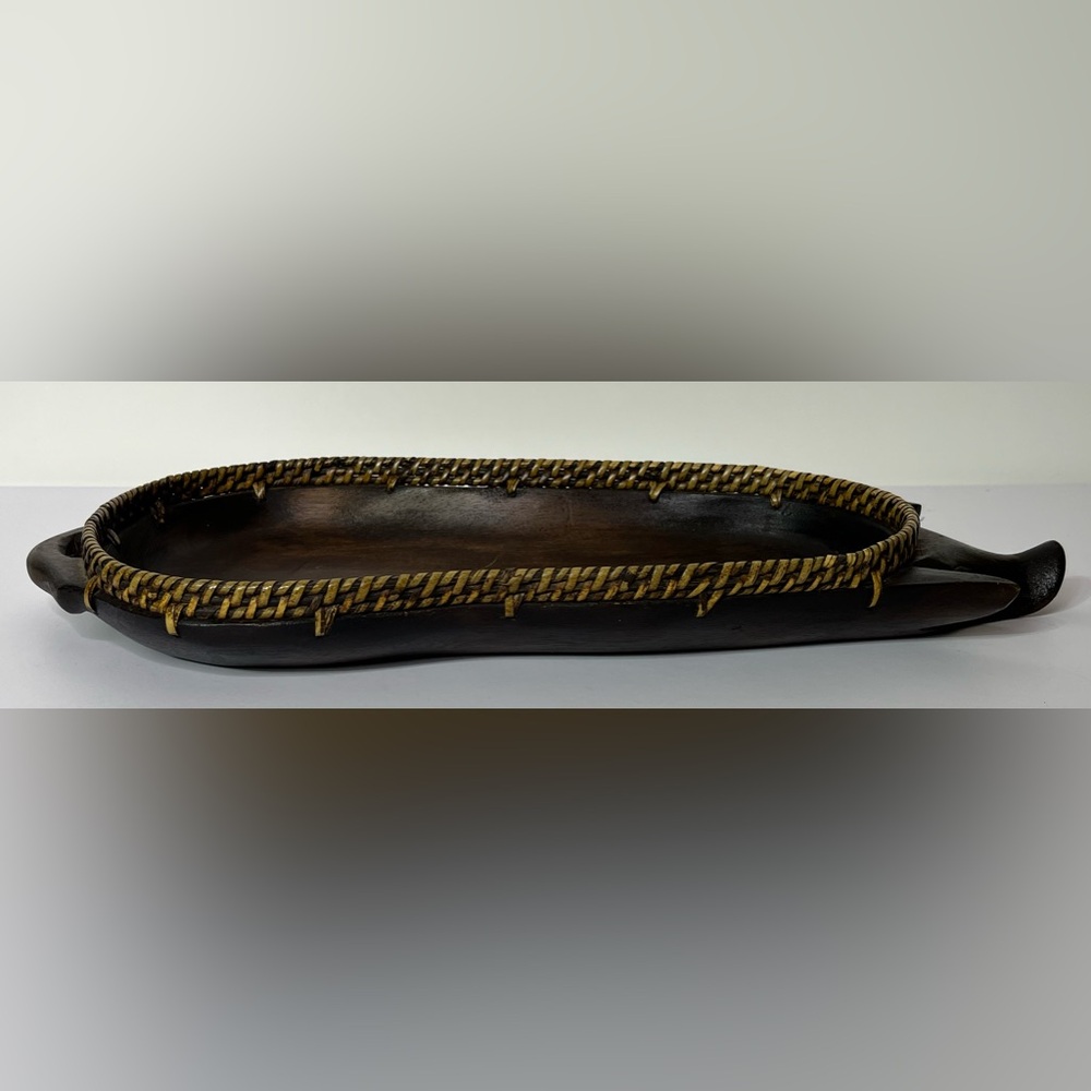 Vintage Wood and Wicker Carved‎ Pig Basket Fruit Trinket Tray 18.5" Long - Picture 5 of 10